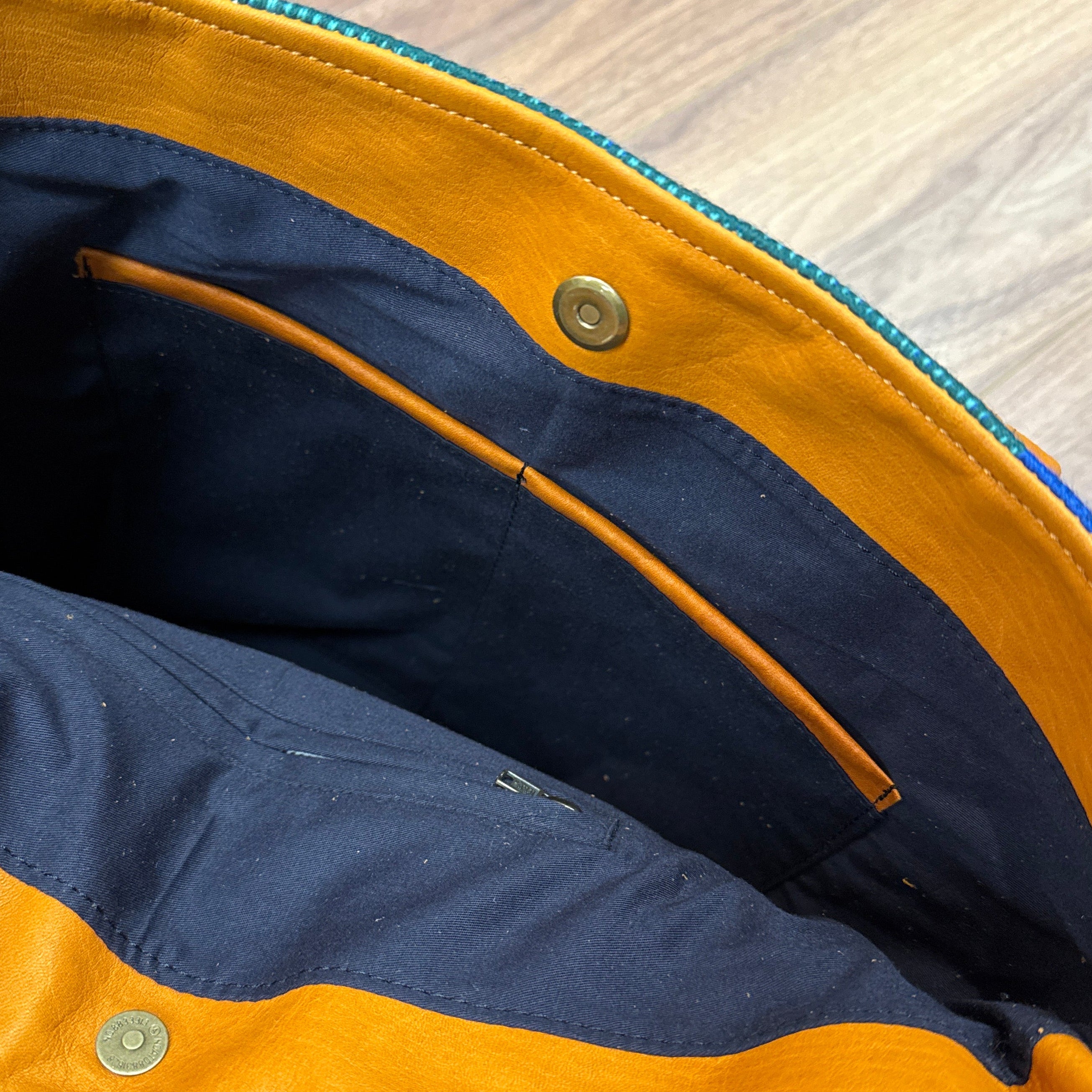 Handmade Woven Leather Blues Tote Bag Peru