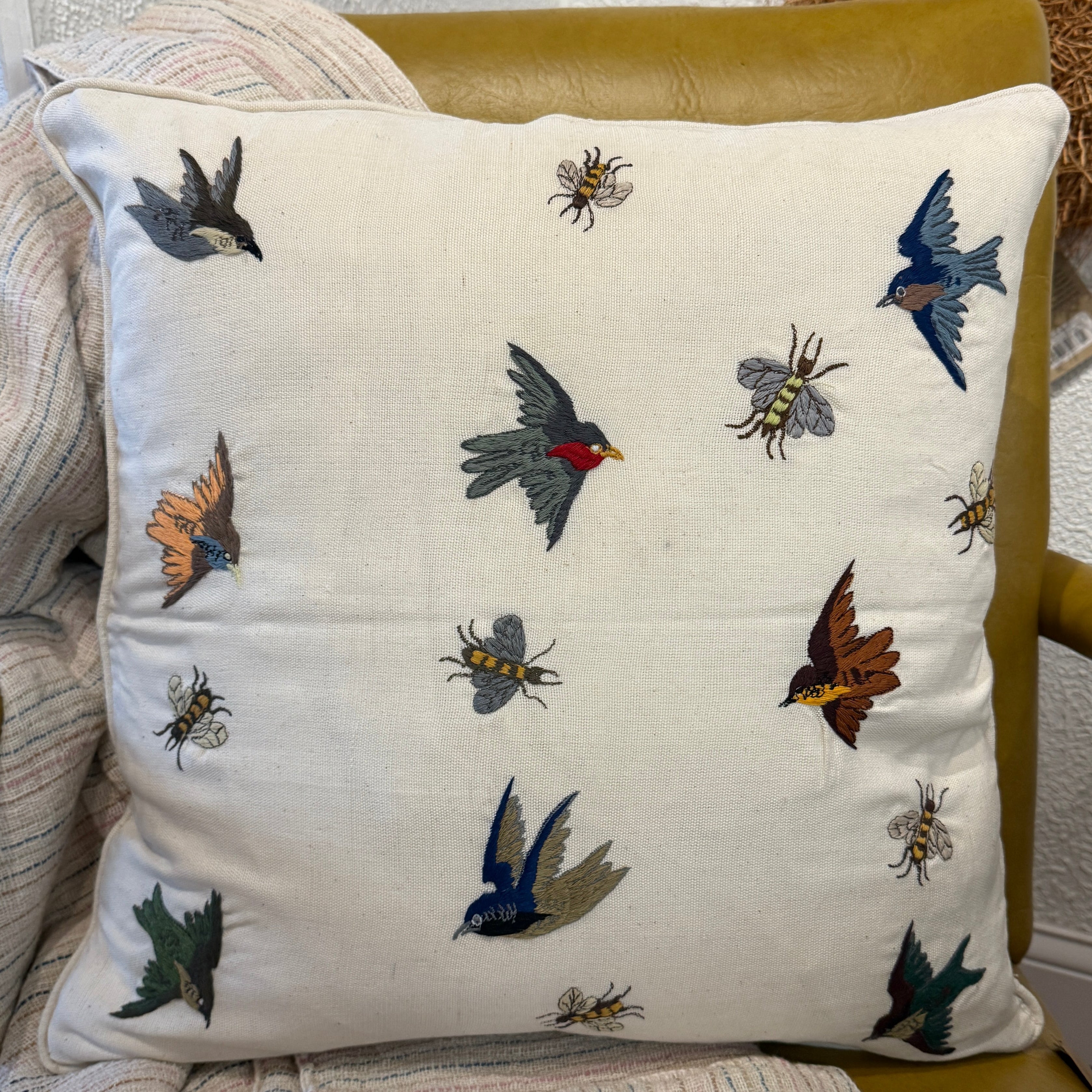 Embroidered Natural Bird & Bee Pillow Guatemala