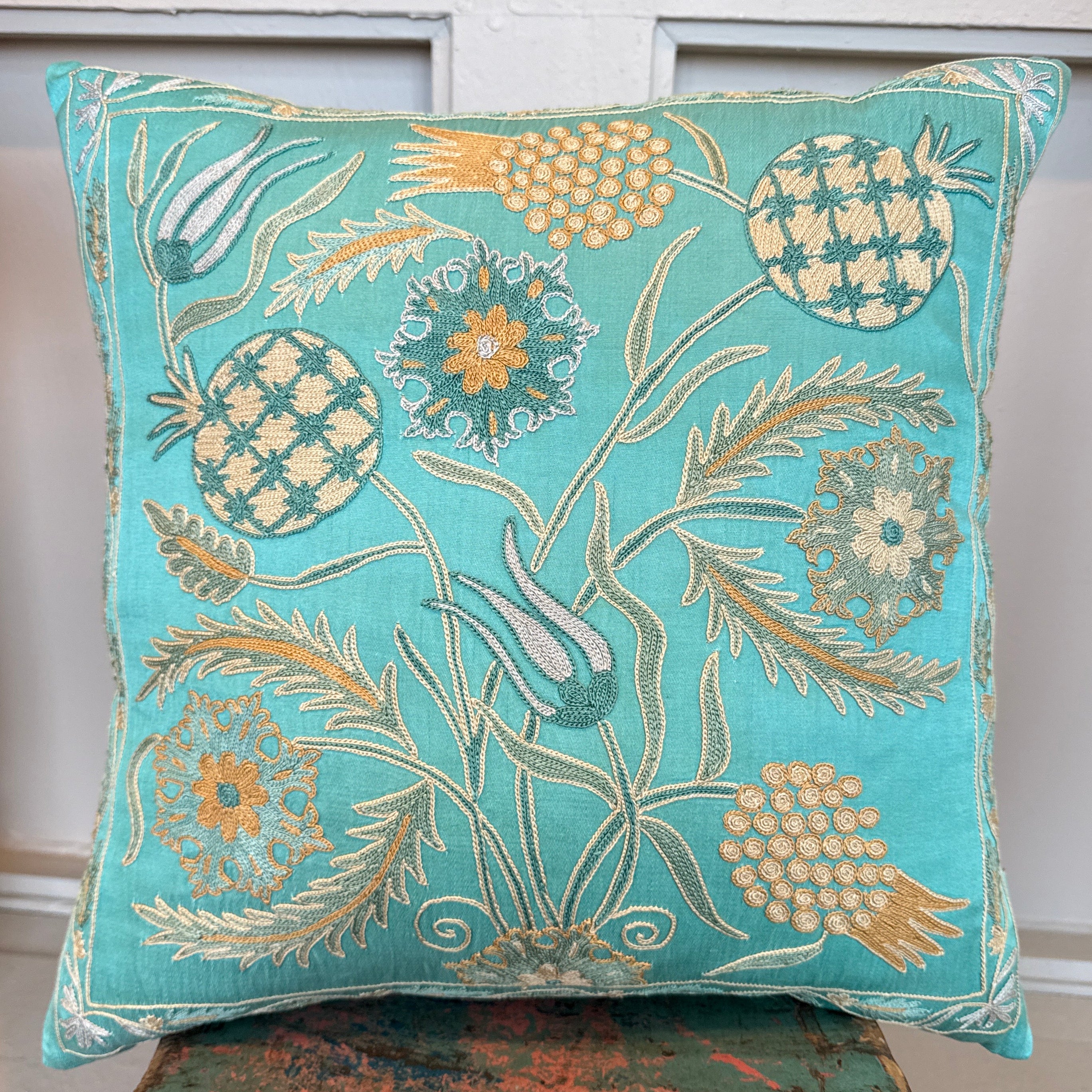 Hand Embroidered Suzani Aqua Pillow Uzbekistan (19x19)