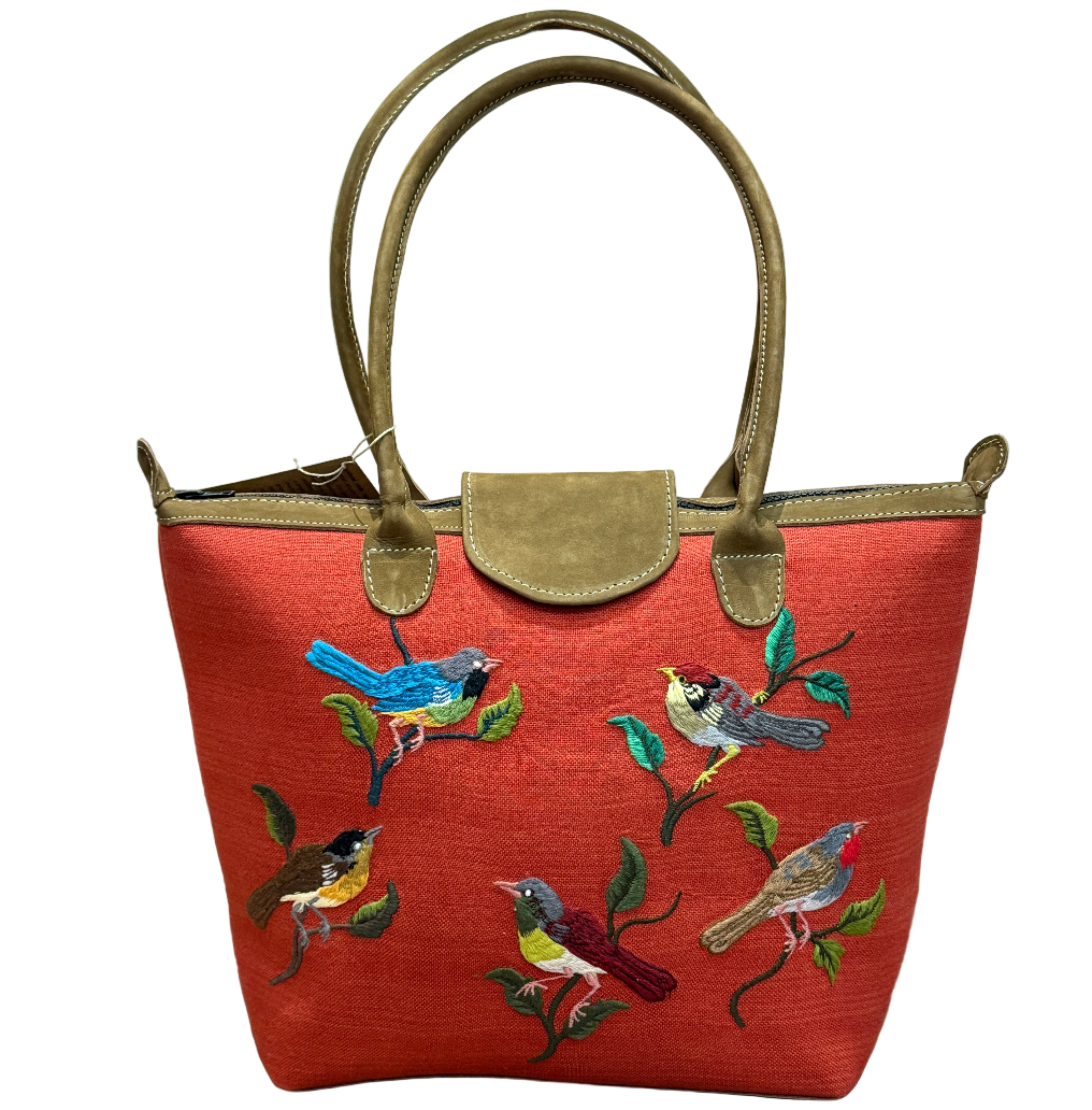 Handwoven Embroidered Rust with Leather Day Purse Guatemala