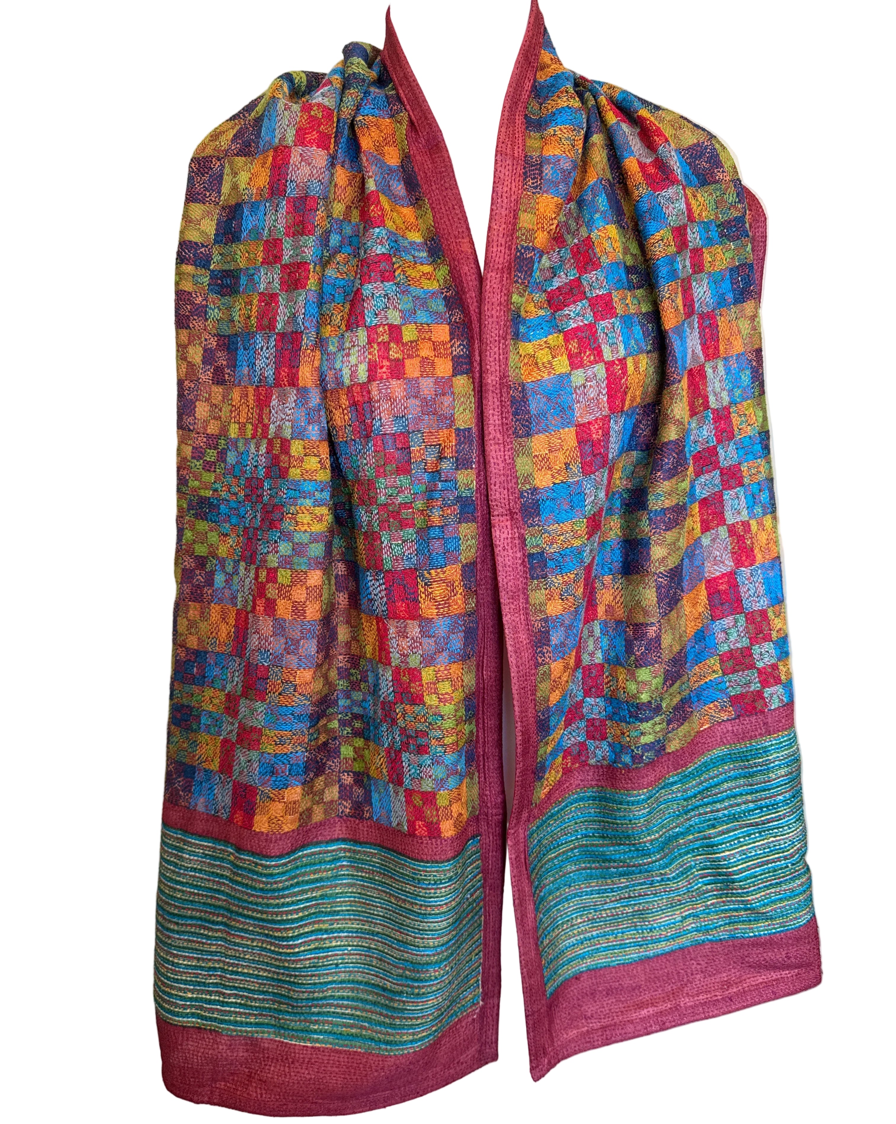 Silk Kantha Stitched Prantik Red Scarf India