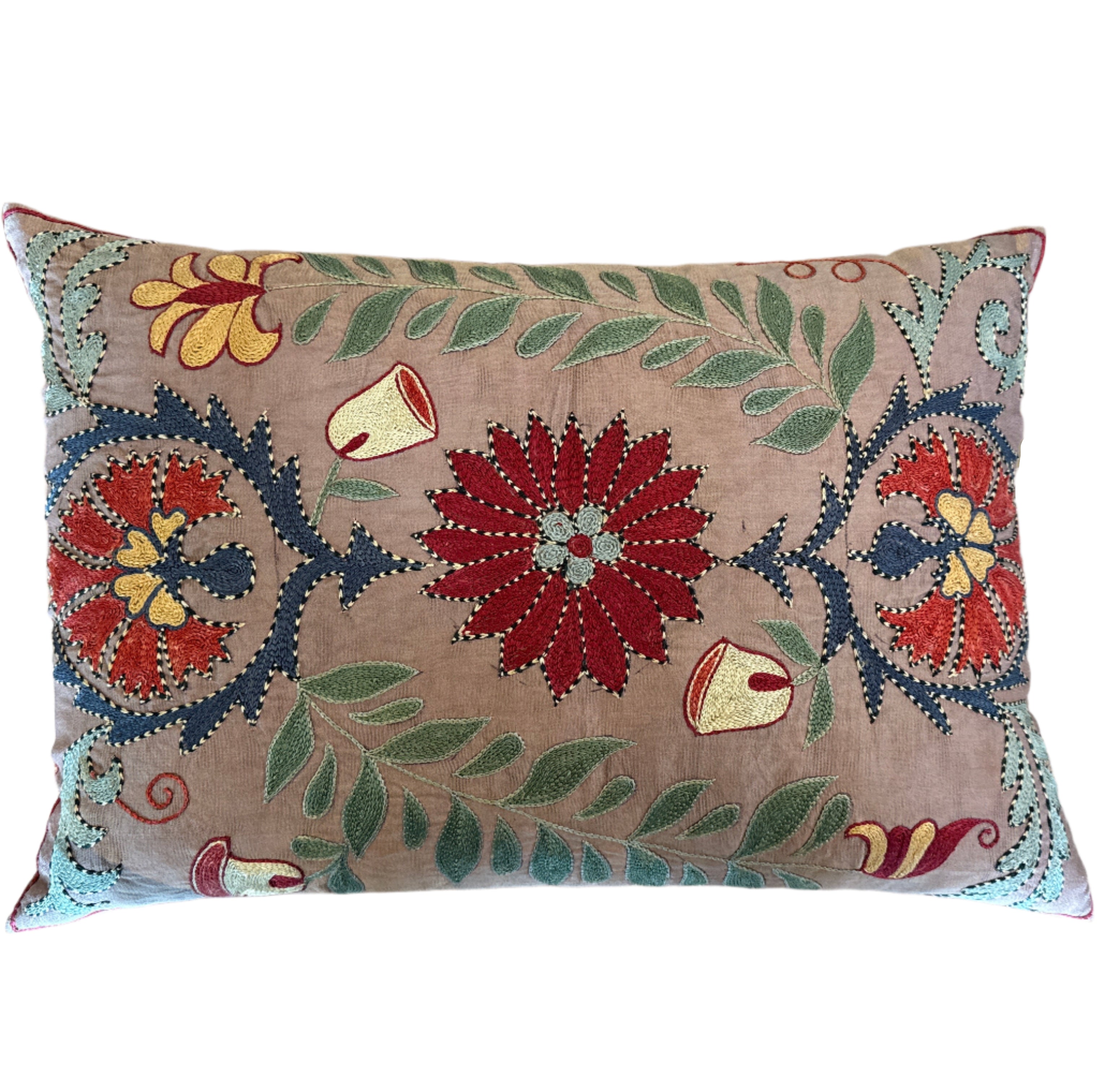 Hand Embroidered Taupe Silk Bolster Uzbekistan (16x23)
