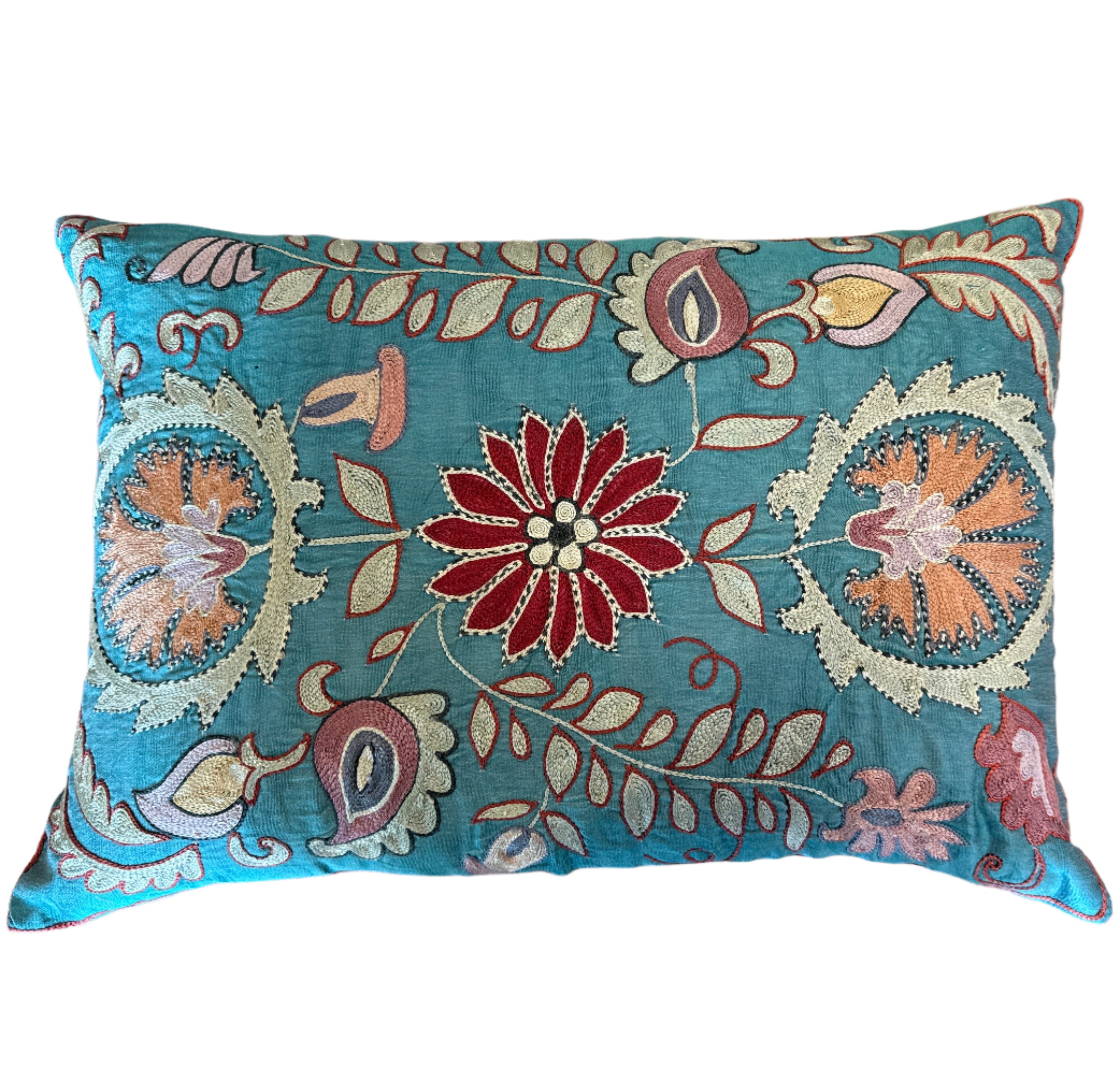 Hand Embroidered Teal Blue Silk Bolster Uzbekistan (16x23)