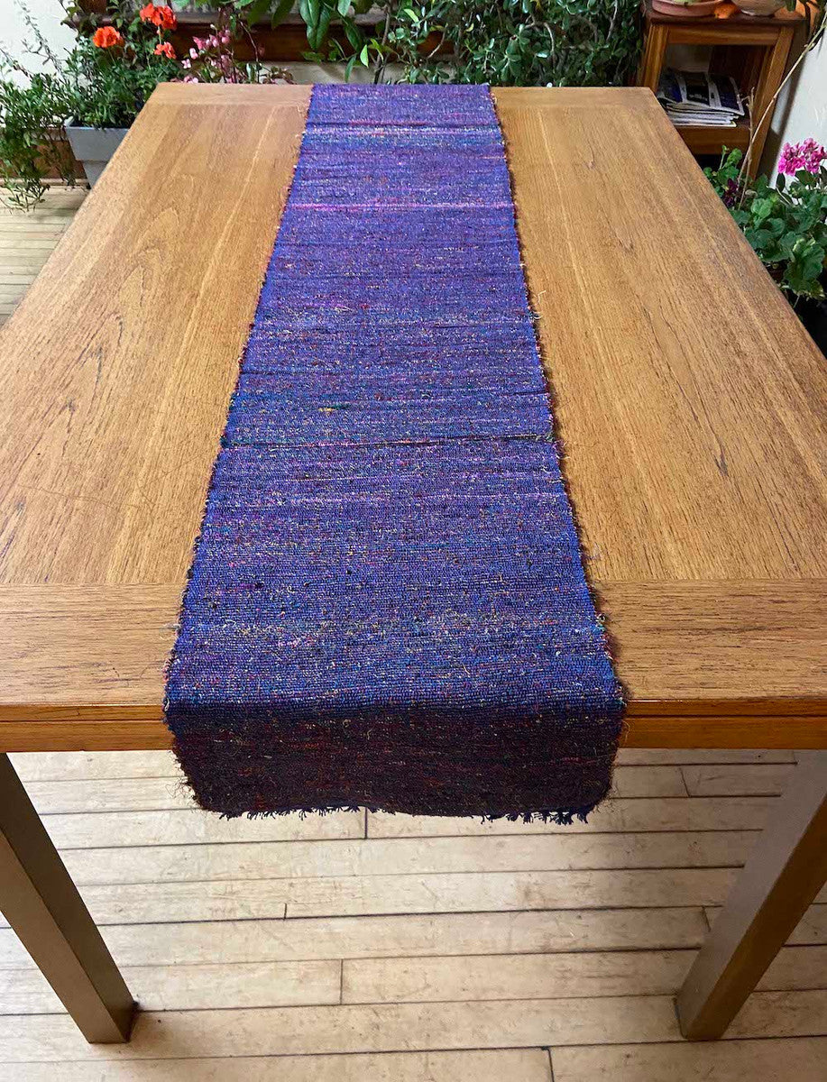 Handwoven of Recycled Silk and Cotton Table Runner Blue violet Nepal (12.5" x 70")   mix of pink, orange, red, rose, greens, purple, blue and more