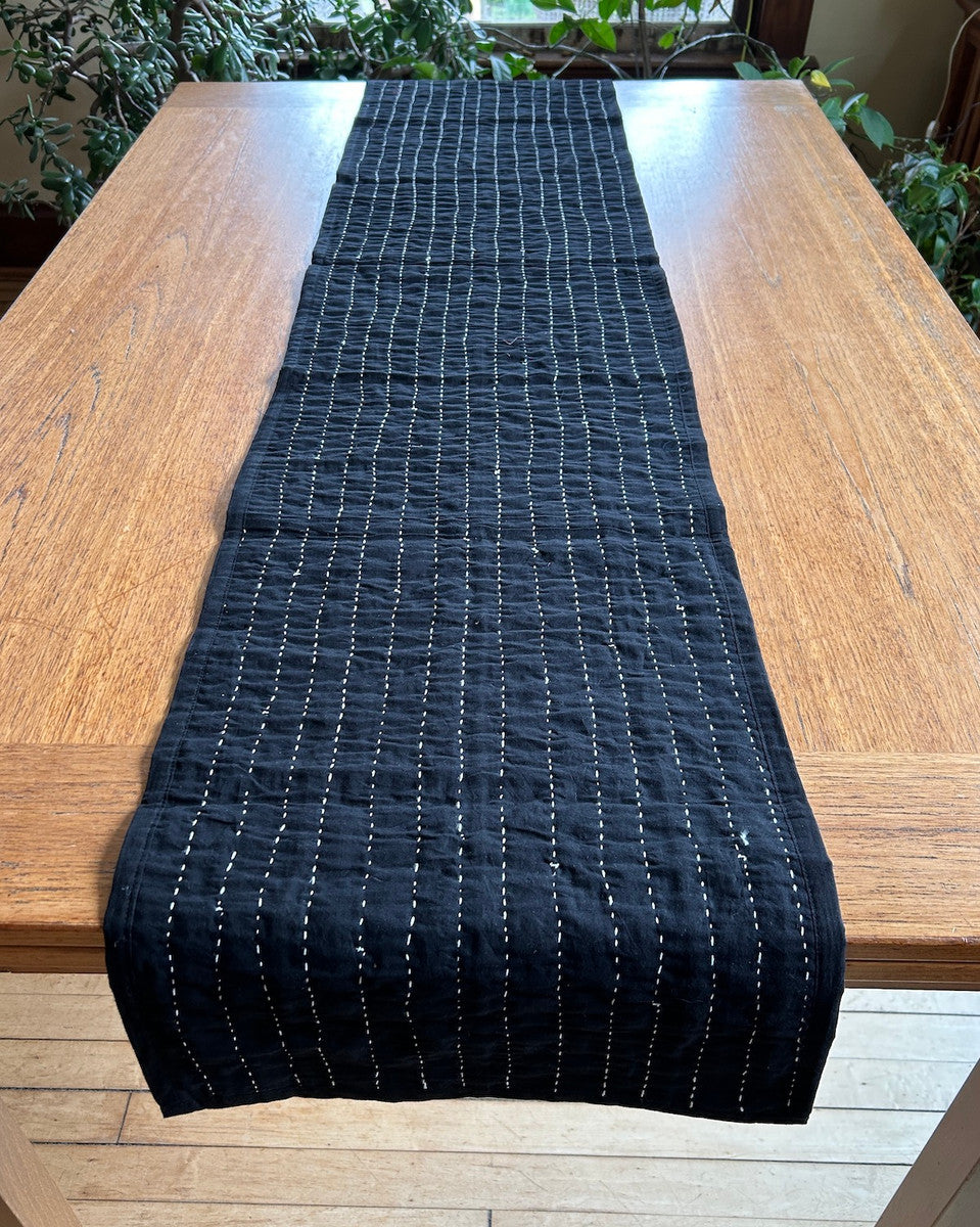 side B Handmade table runner of block printed fabrics. The fabrics are made with several wooden blocks using the traditional Ajarakh natural dye technique. The fabric is then sewn into a patchwork of various colors and patterns.  Beautiful combination of colors: indigo blue, brick red, black, greenish gold, pale blue grey and more. 1" solid black edging around. The back is solid black with white stitching. This can be reversible 

