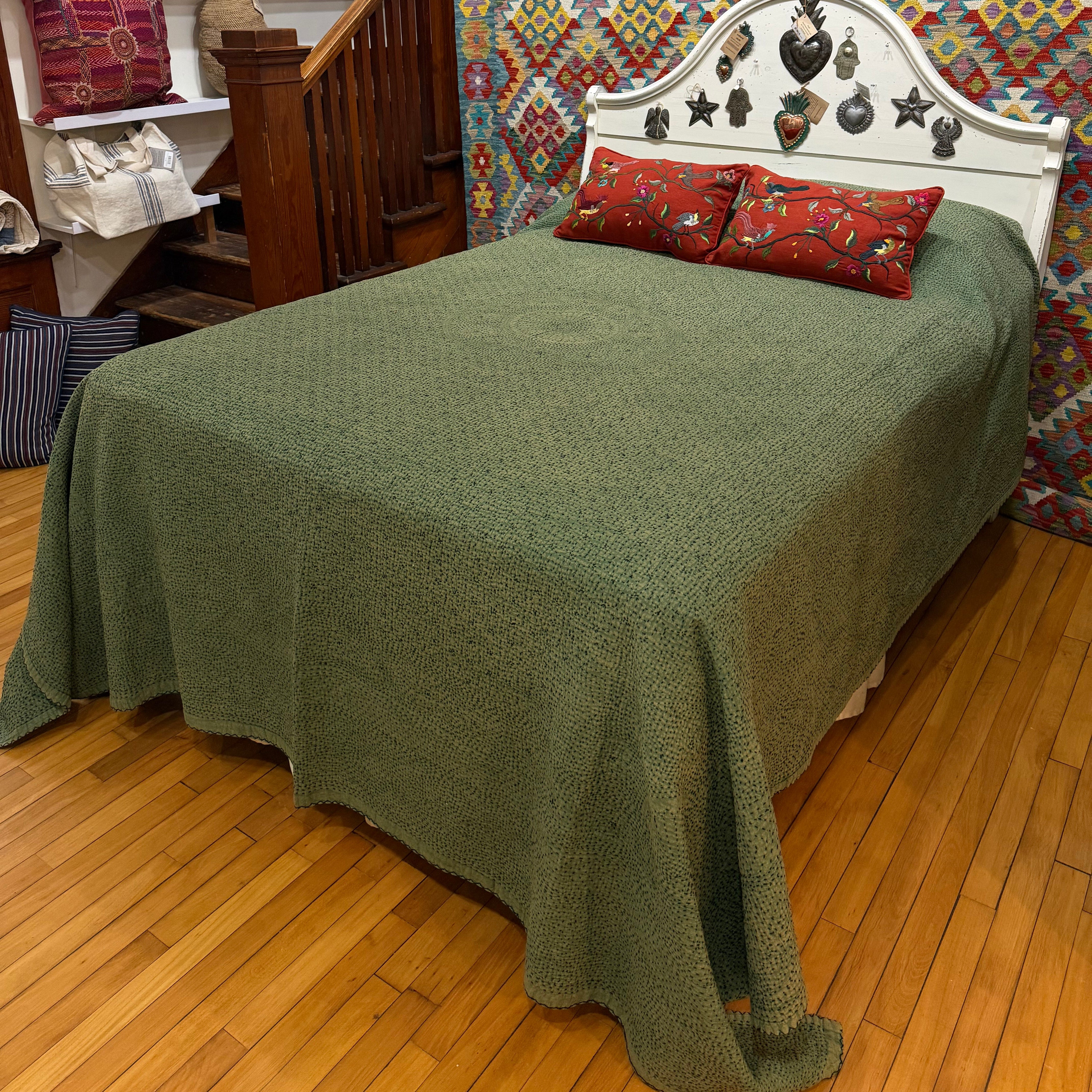 Hand Stitched Dusty Green Cotton Queen Quilt India