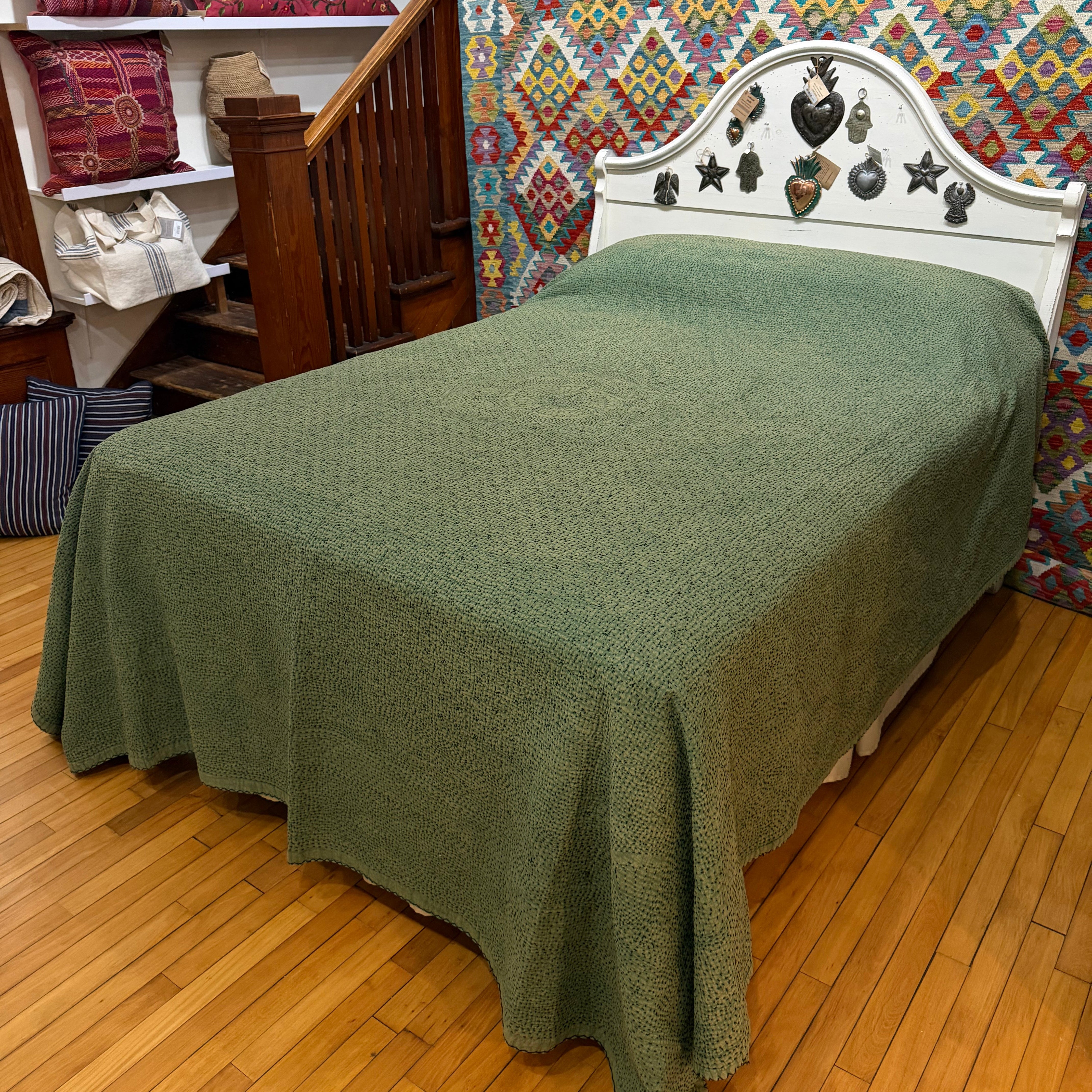Hand Stitched Dusty Green Cotton Queen Quilt India
