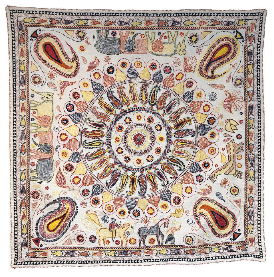 West Bengal Replica Vintage Nakshi Kantha Wall Hanging India (39" x 39") white with navy blue, golden yellow, brick red, orange