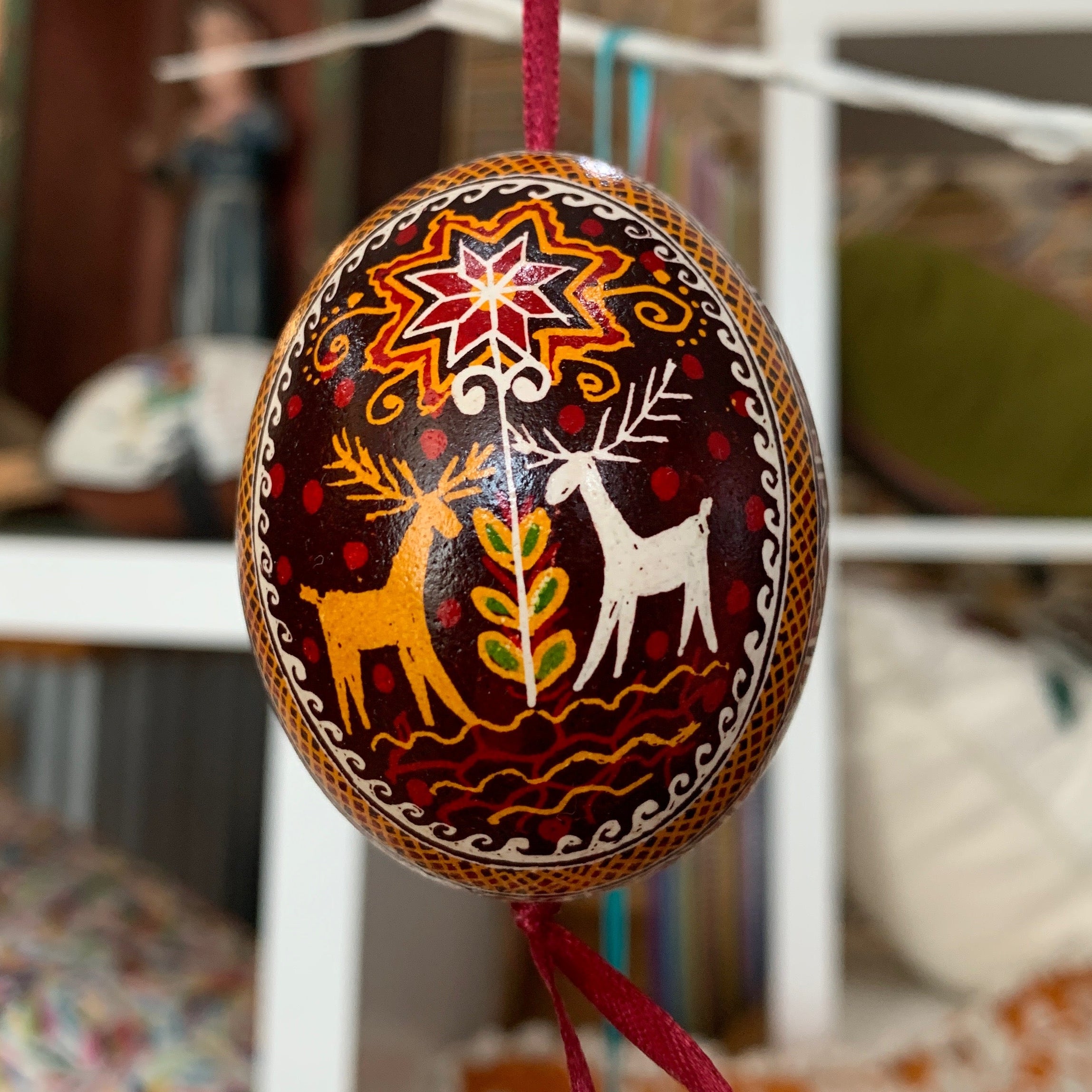 Hand Painted Pysanka Maroon Deer Easter Egg Ukraine