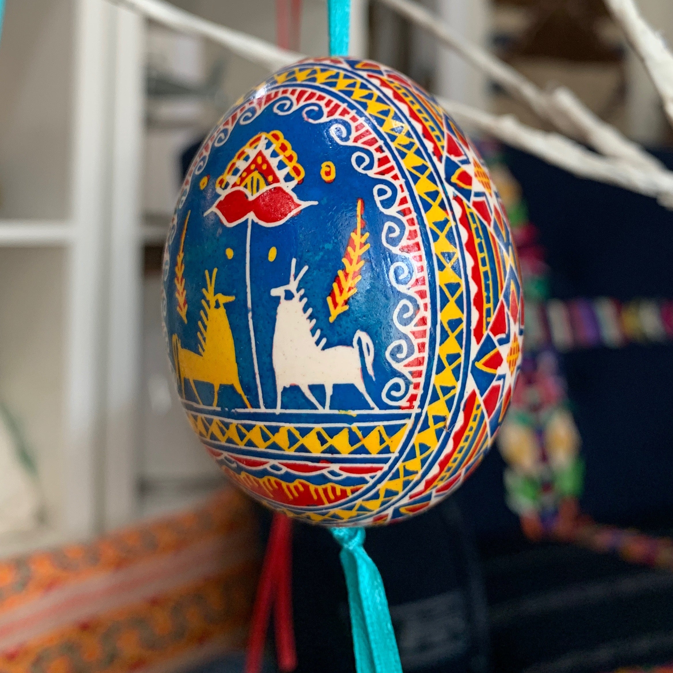 Hand Painted Pysanka Blue & White Easter Egg Ukraine
