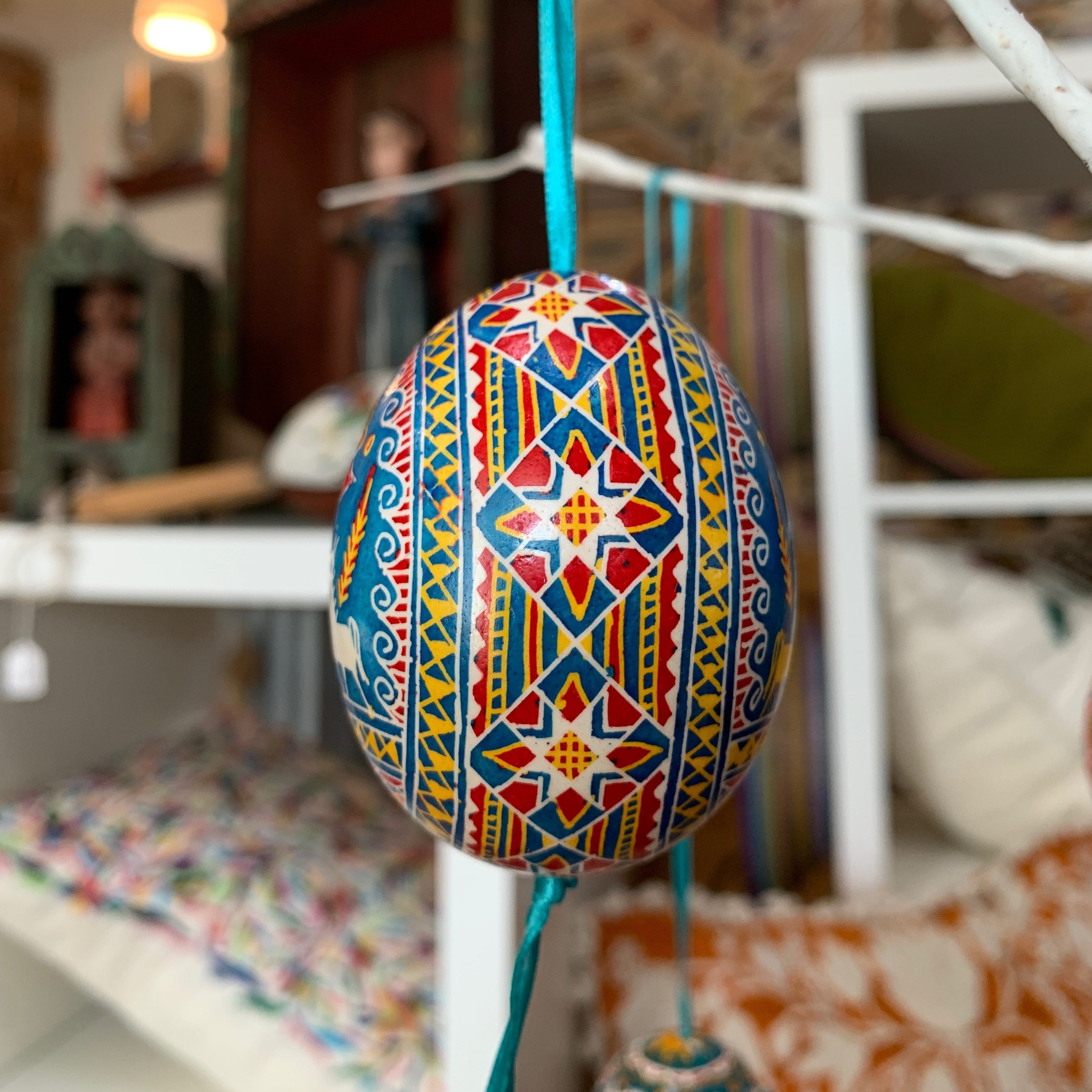 Hand Painted Pysanka Blue & White Easter Egg Ukraine