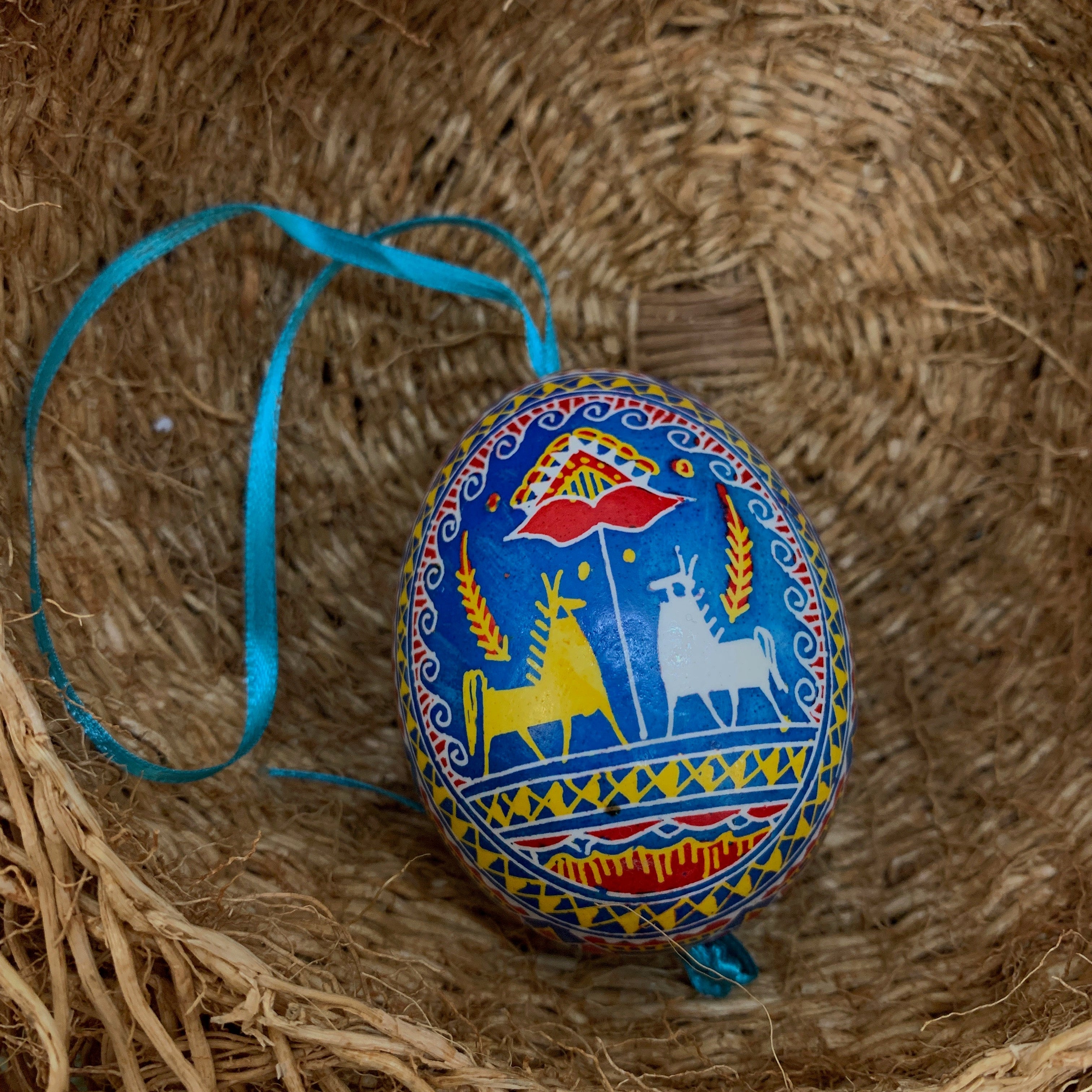 Hand Painted Pysanka Blue & White Easter Egg Ukraine