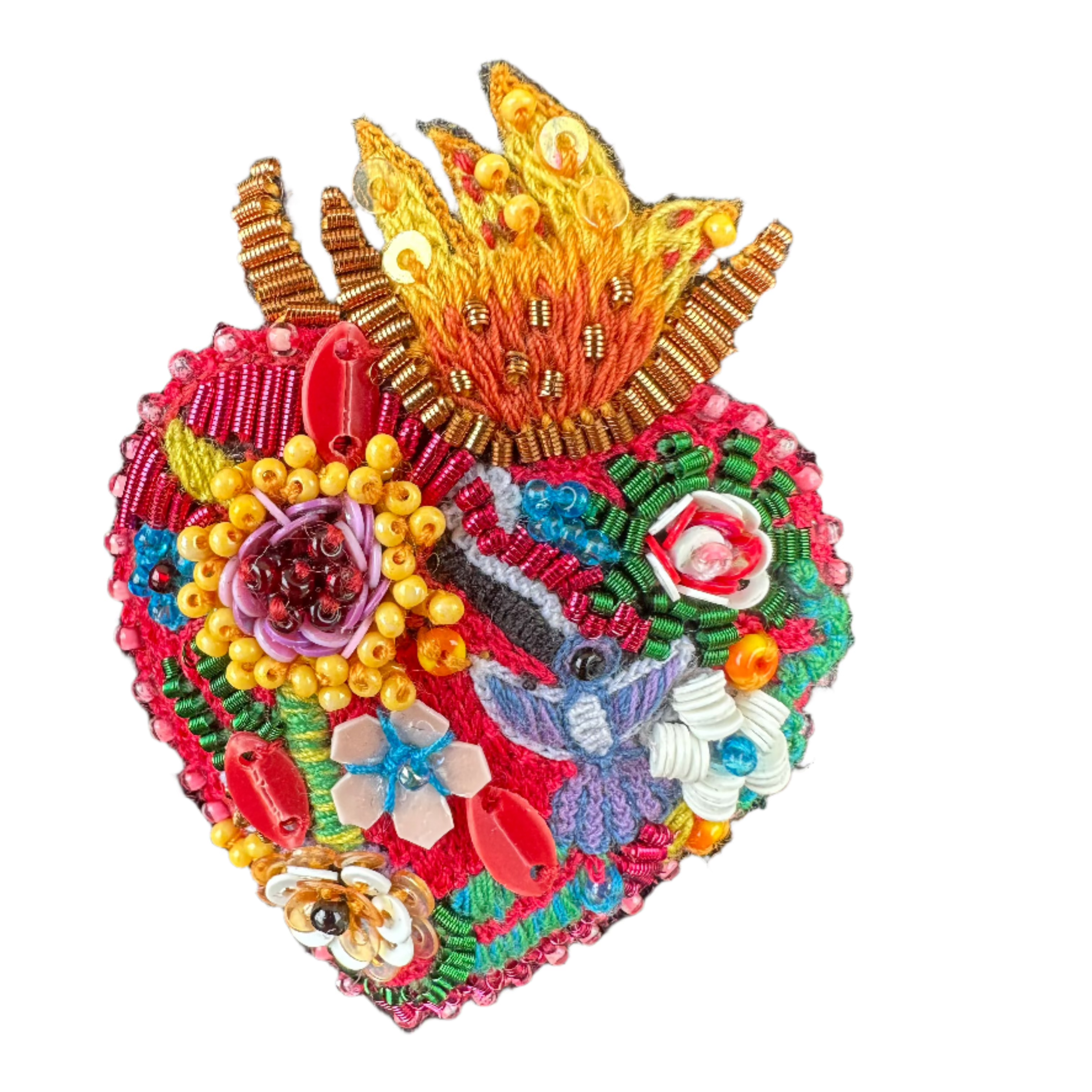 Embroidered & Beaded Brooch - Flaming Heart