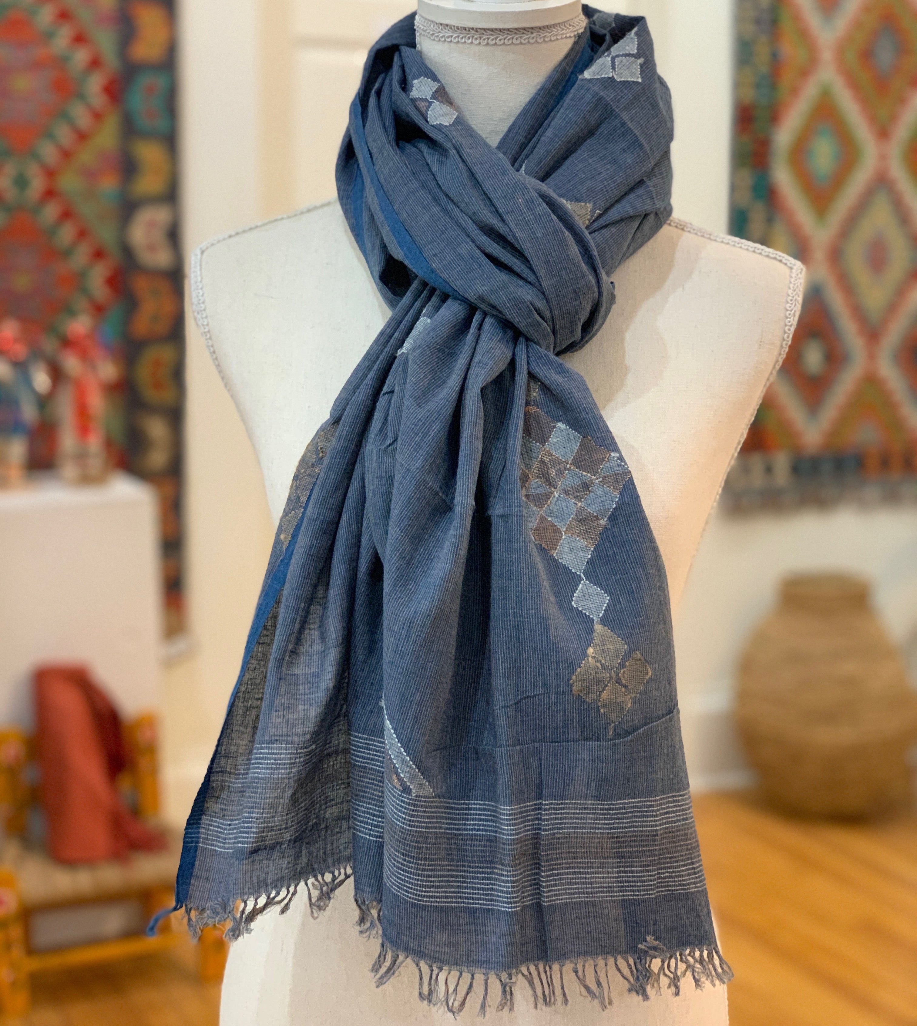 Handwoven Jamdani Diamond Cotton Scarf India