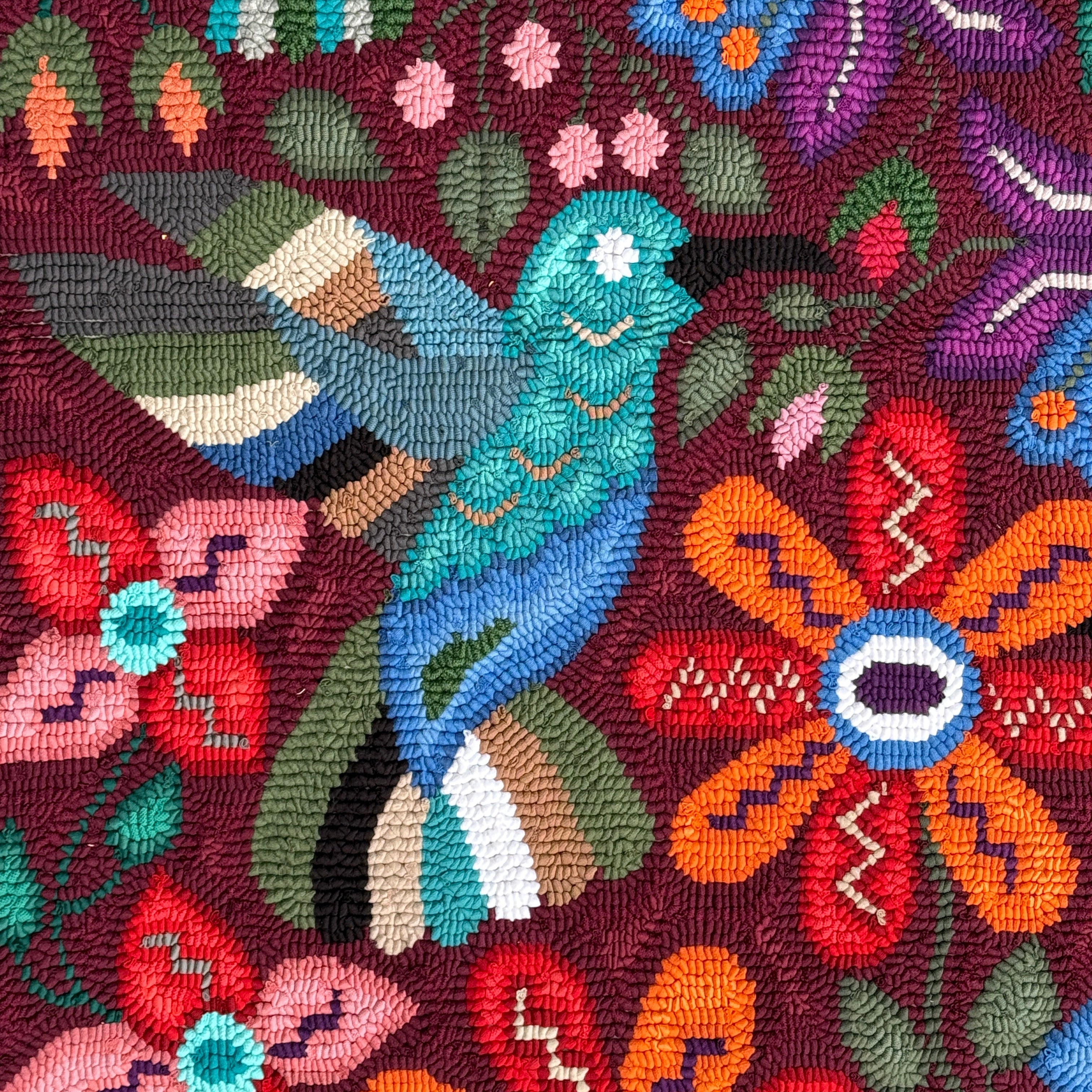 Large Burgundy Handmade Hooked Rug Recycled Clothing Guatemala