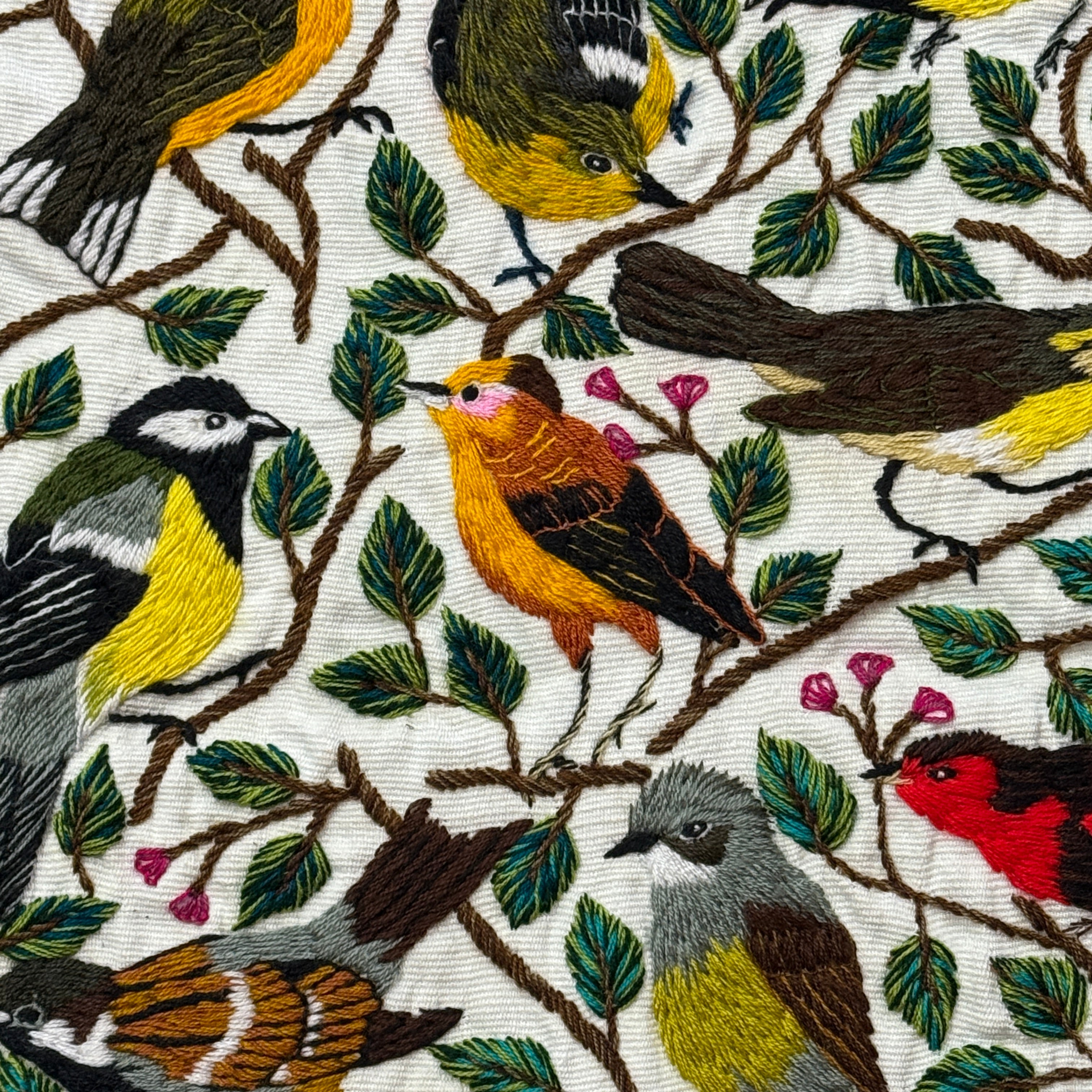 Songbirds Embroidery on Cotton Guatemala (13" x 15")
