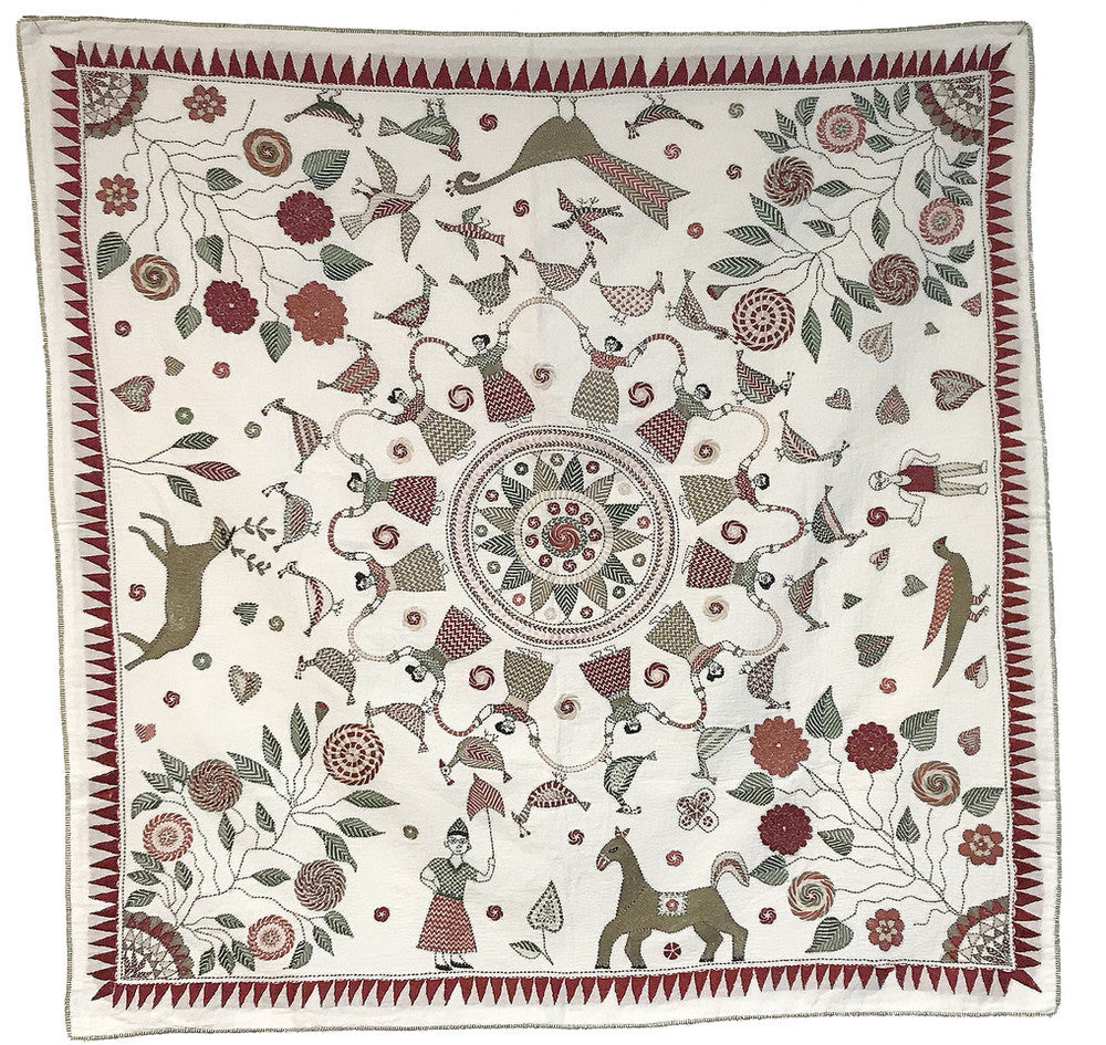 West Bengal Replica Embroidered Kantha Wall Hanging India (33" x 33") dark sand, sage, evergreen, light tan, dusty rose, burgundy-brick red