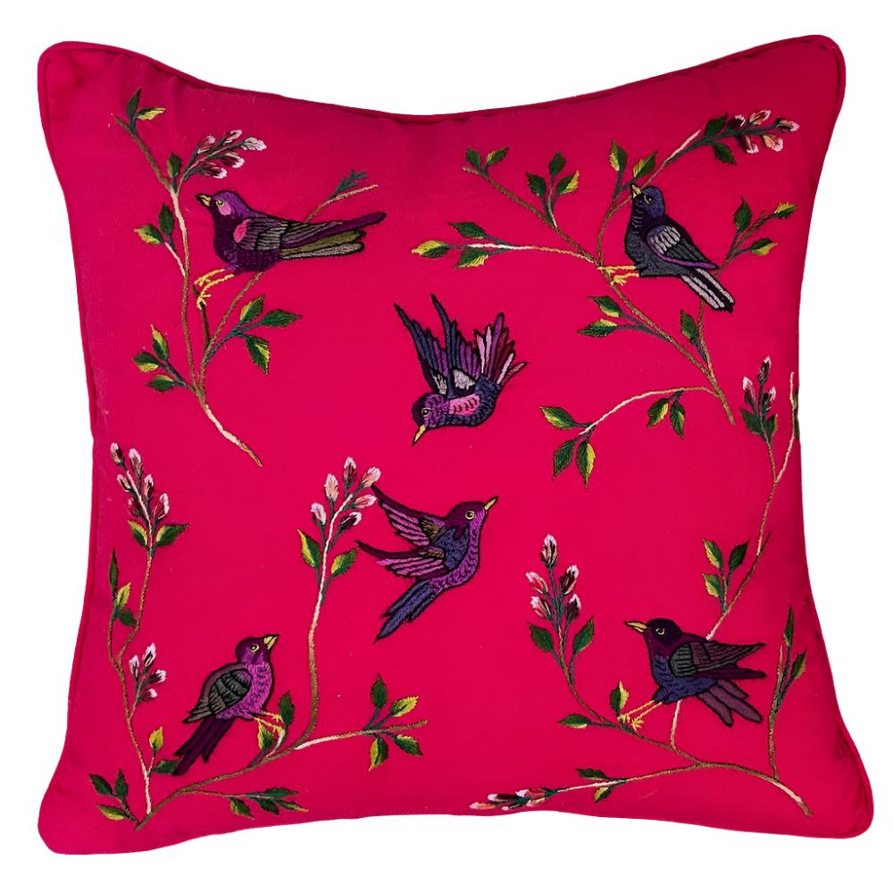 Handwoven and Hand Embroidered Bird Pillow Rose Guatemala (18" x 18") purples, pinks, brown, greens and black.
