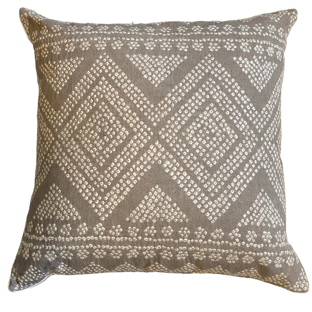 Organic Cotton Bandhani (tie dyed) pillow India Colors: white and light taupe color. White piping and the back is a solid light taupe cotton fabric.