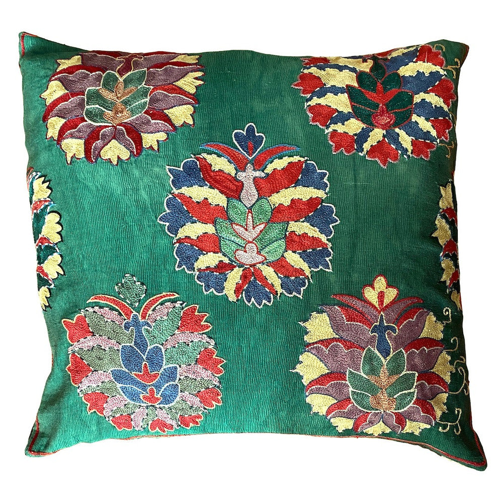 Hand Embroidered Silk Pillow  Uzbekistan (19" x 20")Chalky forest green silk with Embroidery colors:olive , forest green, golden wheat, red, mauve, chalky indigo, chalky pale wine and more. 