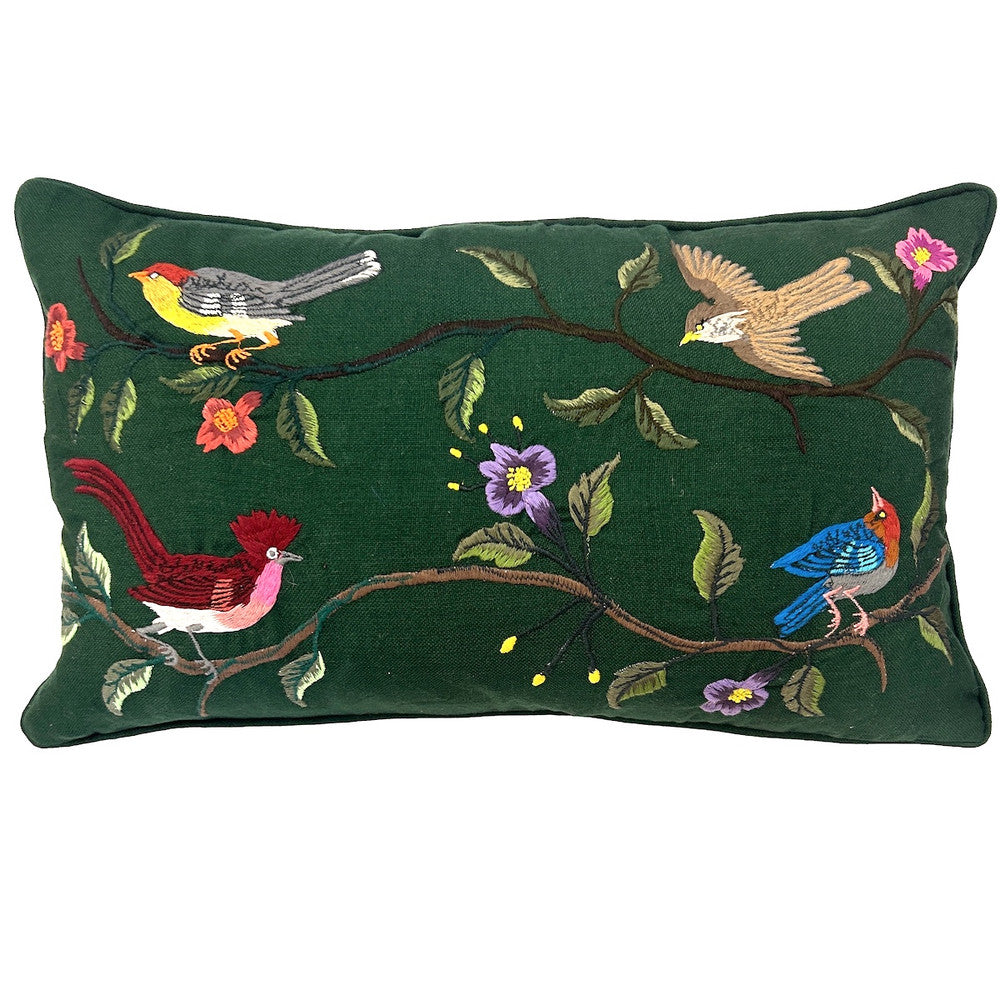 Handwoven cotton pillow with embroidery by Jose Sicay of Santiago Atitlan. The embroidery is done with a zigzag sewing machine. Jose is a master at free hand embroidery. The front fabric is handwoven forest green cotton . The piping and the back are the same forest green. Colors of embroidery: greens, brown, taupe, brick, sky blue, violet, yellow, grey  and more. Allow for variations in the colors as each pillow is one of a kind.