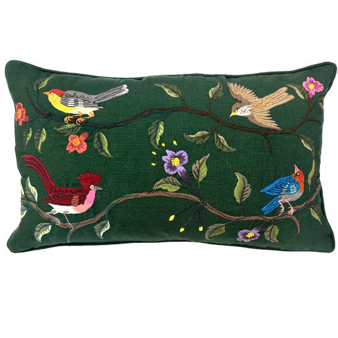 Handwoven and Hand Embroidered Bird Lumbar Pillow Green 2 Guatemala