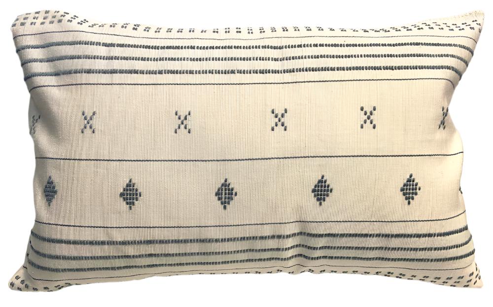 Handwoven Cotton Brocade Pillow Mexico (12" x 18") natural white cotton with designs and stripes in soft blue grey