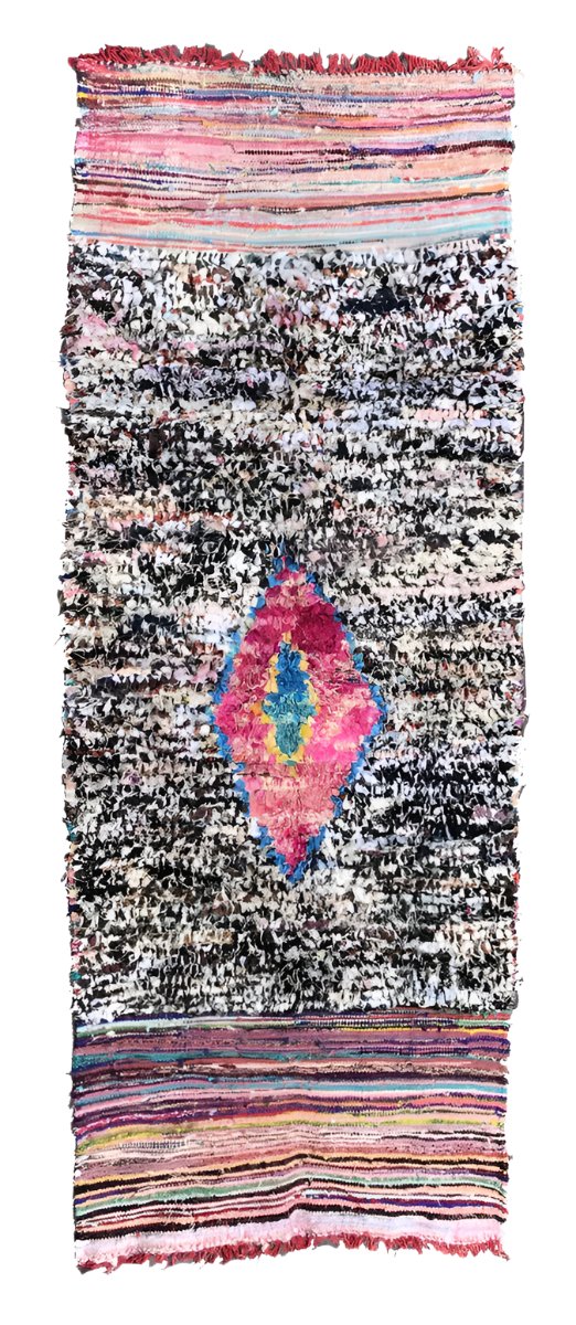 Handwoven and Hand Knotted Mixed Fiber Boucherouite Rug Morocco (42" x 110")