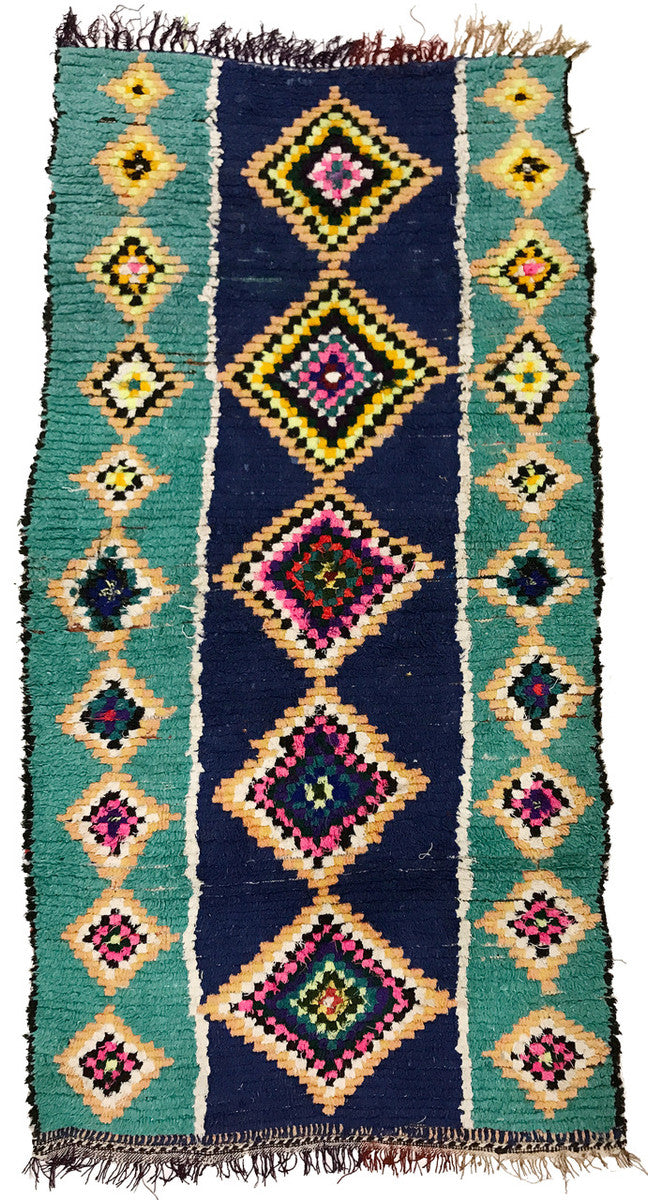Handwoven And Hand Knotted Vintage Pile Tribal Boucherouite Rug  Green Morocco Colors: aqua-teal, dark marine blue, accents in chalky-peach, marigold, bright citrine yellow, cream, bright pink, black and more.