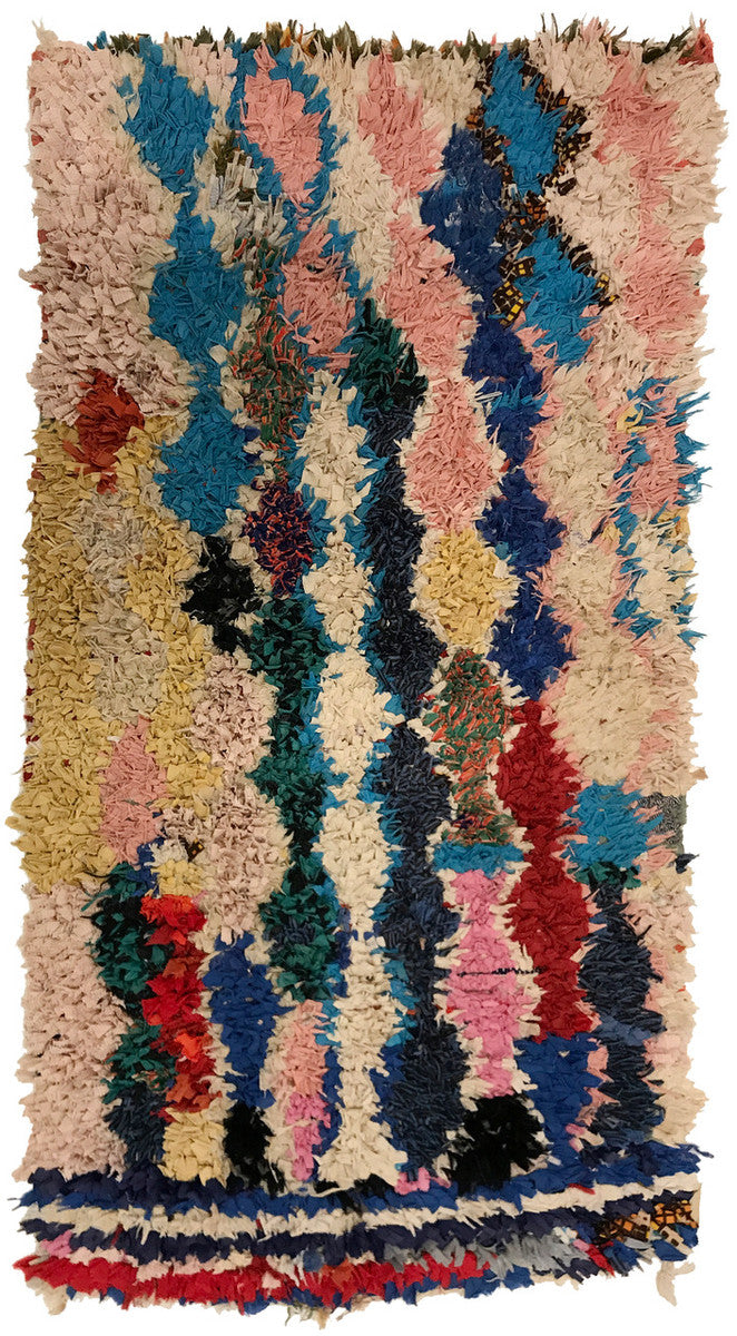 Handwoven And Hand Knotted Vintage Pile Tribal Boucherouite Rug 7 Morocco A colorful harlequin pattern in a medley of bright sky blue, navy, blushed and palest of pinks, dusty pinks, chalky old-gold, red, and more. 