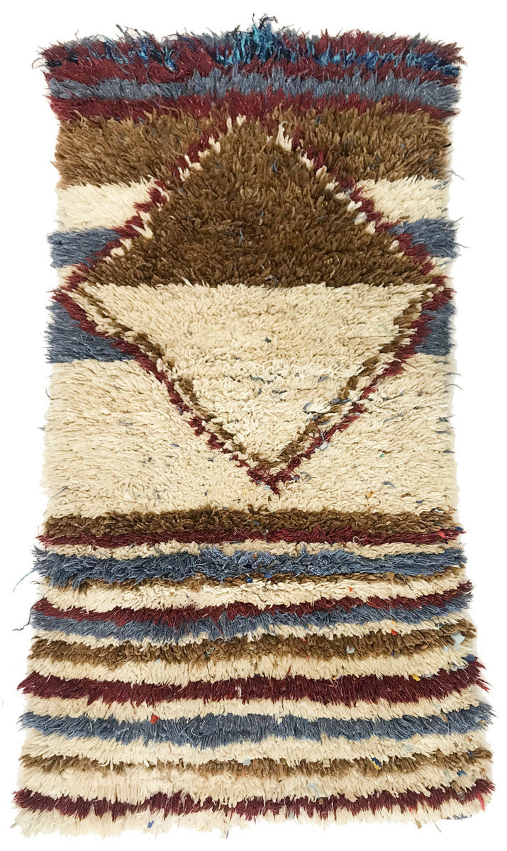 Vintage Knotted Mixed Fiber Azilal Rug Morocco  Colors: Cream, red-brown, prussian blue, cocoa brown and more.