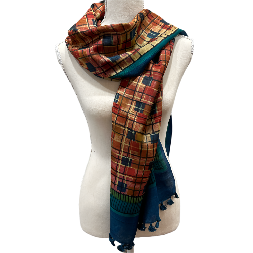 Silk Block Printed Chakra Blue Scarf India