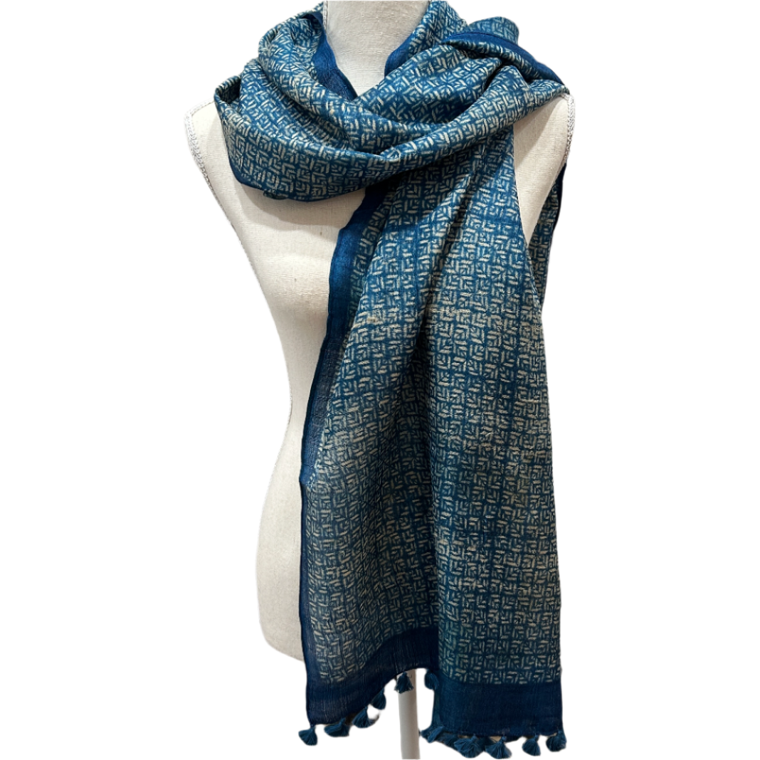 Silk Block Printed Chakra Navy Scarf India