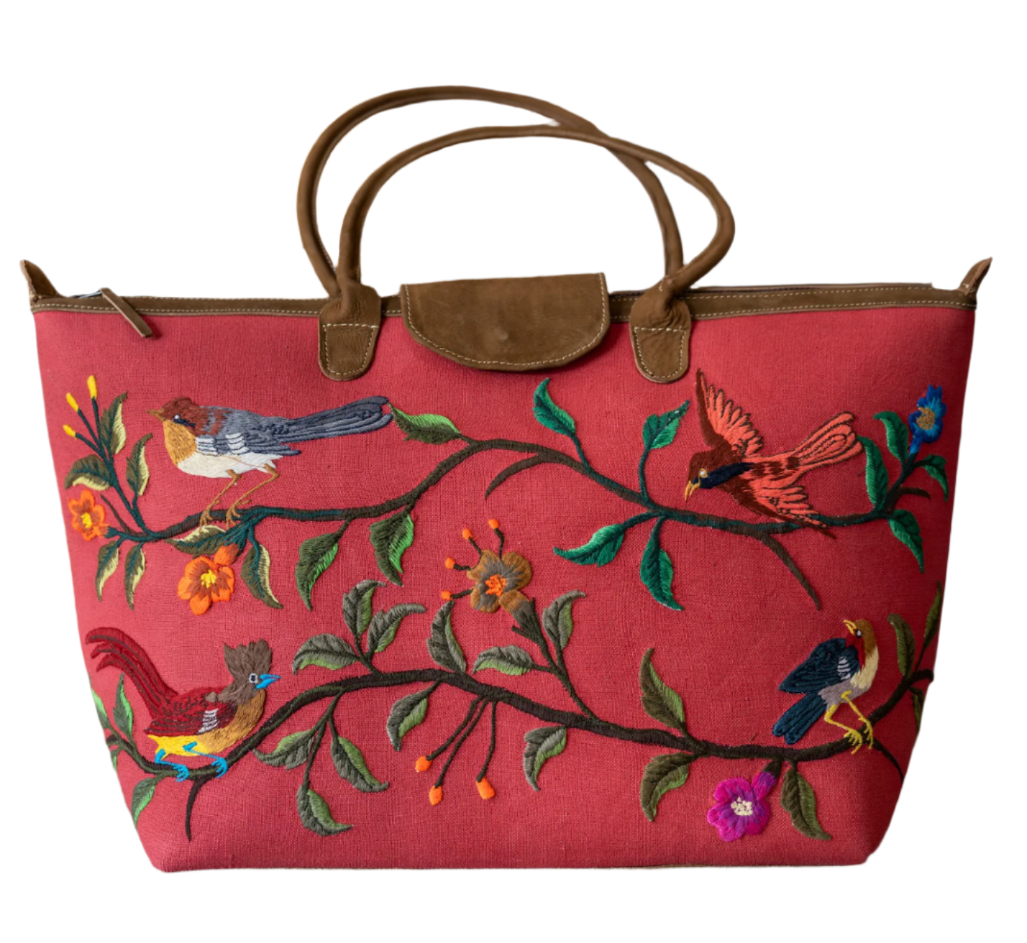 Handwoven Embroidered Rose with Leather Santiago Satchel Guatemala
