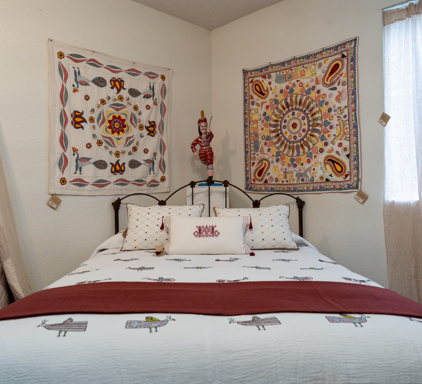 Hand Embroidered Kantha Fine Bird Coverlet Queen India