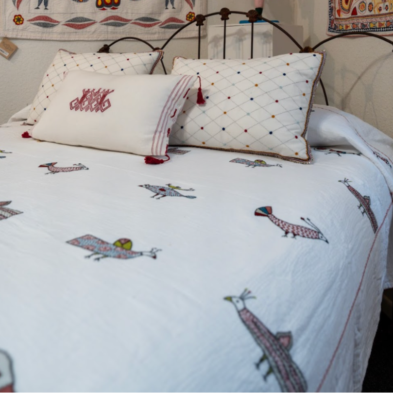 Hand Embroidered Kantha Fine Bird Coverlet Queen India