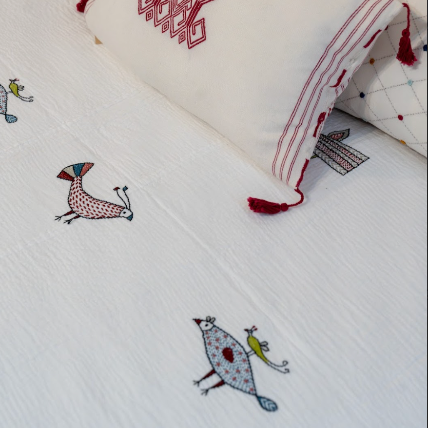 Hand Embroidered Kantha Fine Bird Coverlet Queen India