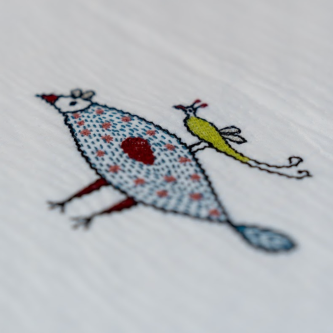 Hand Embroidered Kantha Fine Bird Coverlet Queen India