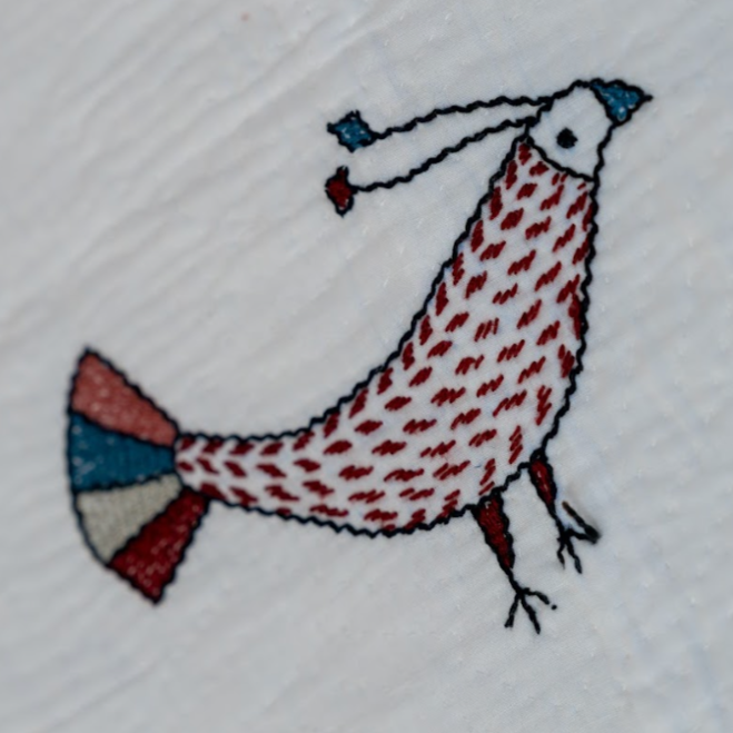 Hand Embroidered Kantha Fine Bird Coverlet Queen India