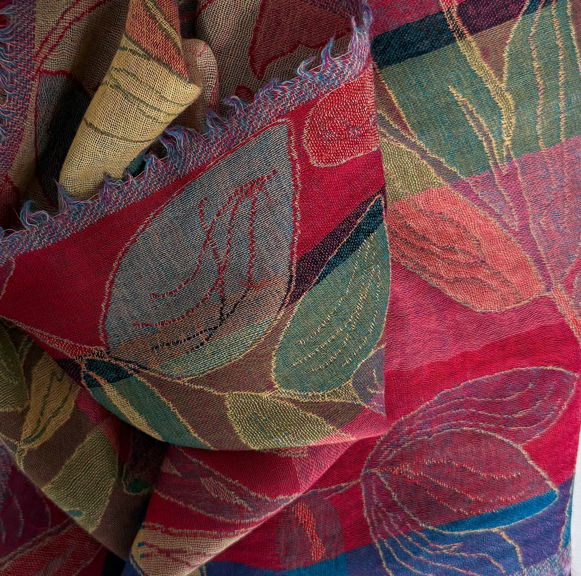 Woven Wool Scarf Leaf Multi India