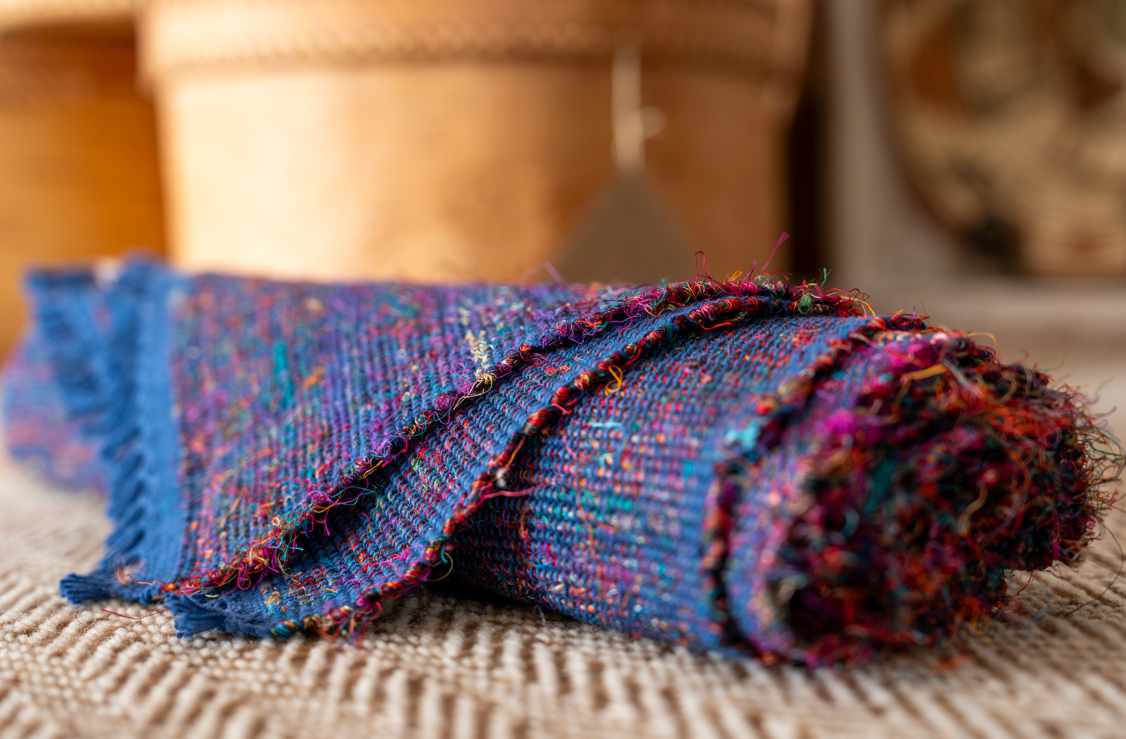 Handwoven of Recycled Silk and Cotton Table Runner Nepal - Blue (12" x 72")