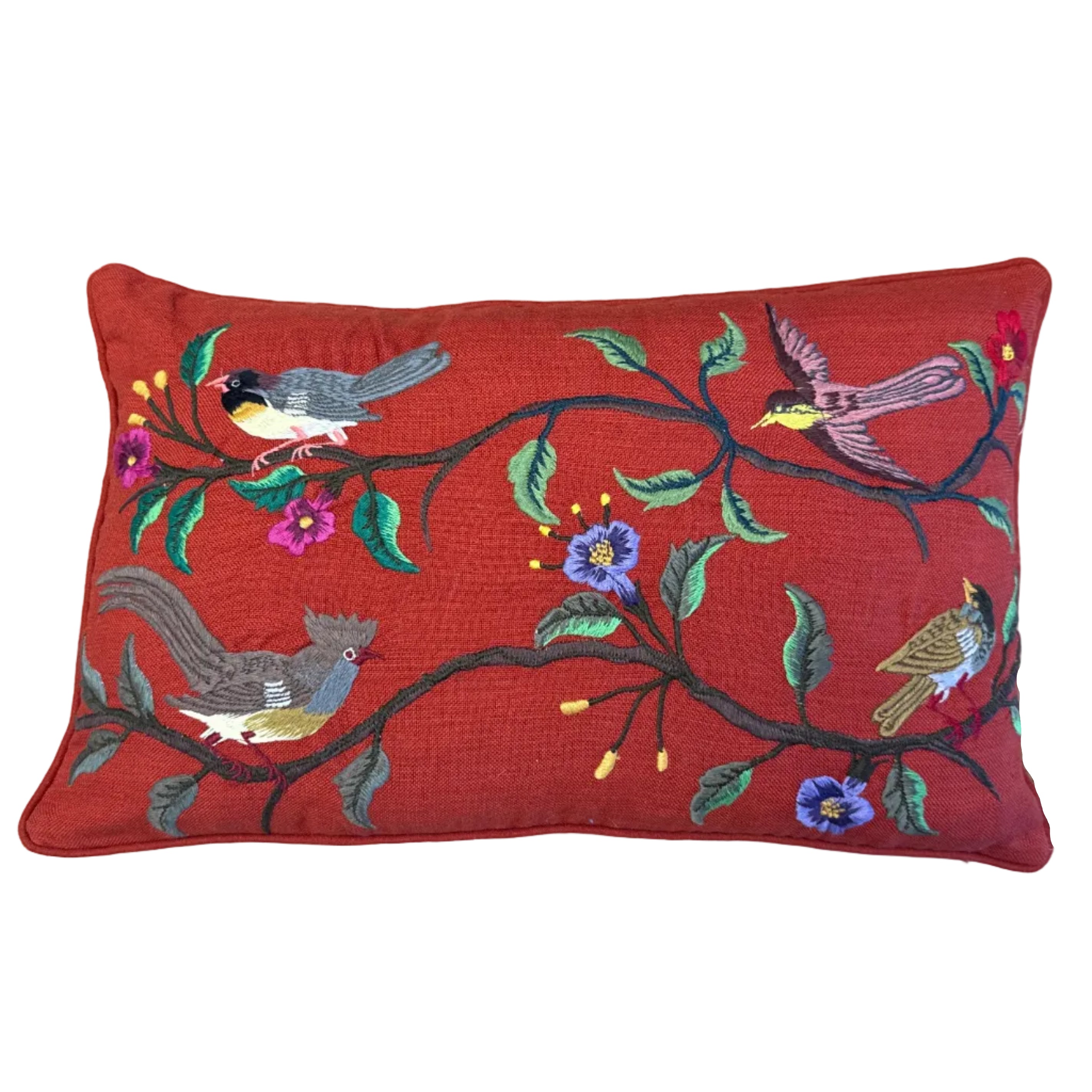 Embroidered Bird Rust Lumbar Pillow Guatemala (12 x 20)